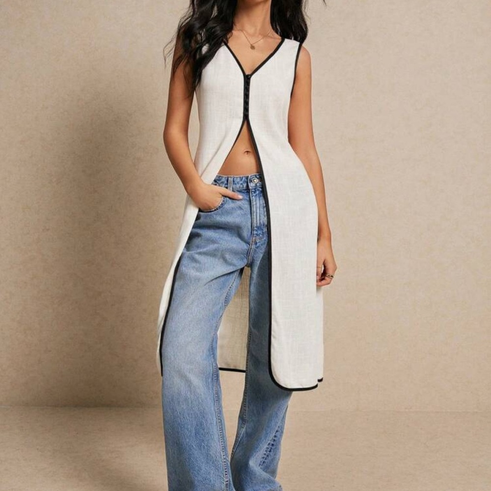 White Sleeveless Long Vest with Black Trim